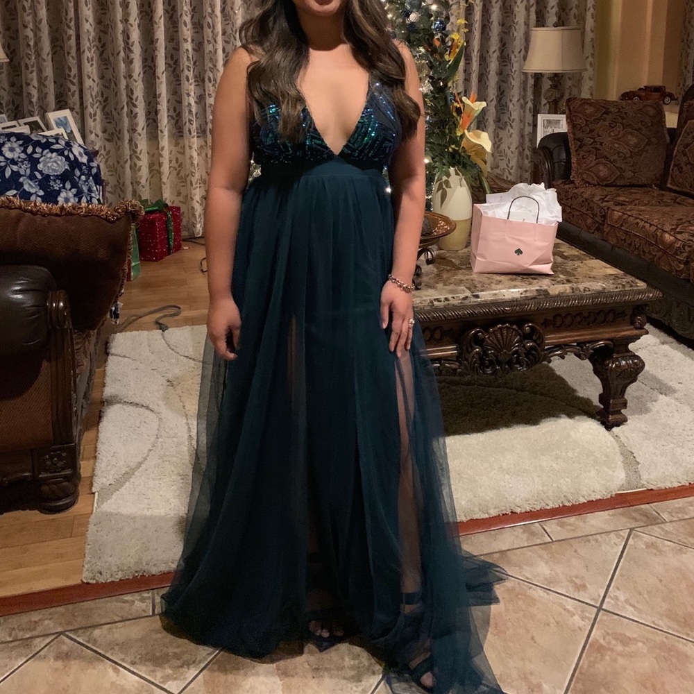 Teal jewel and tulle dress